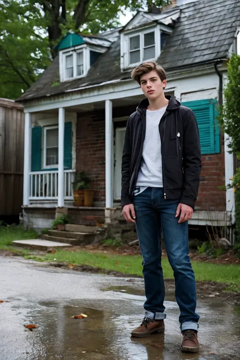 Realistic photo of solo handsome teenage men ,Standing In front of an abandoned house ,daytime rainy 