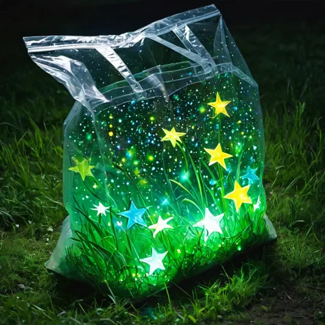 (masterpiece, best quality:1.2),on the grass，stars in a plastic bag，luminescence