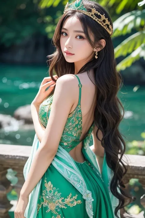 エメラルドグリーンの美しさを体現した雄大な女god, god々しくgod聖な. Her flowing gown、Sparkling with various shades of emerald and jade. length, Her wavy hair with emerald highlights cascaded down her back.. She wears an elaborate crown adorned with emeralds.. Her eyes shine the same ...