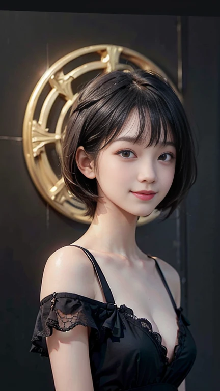 ((Highest quality、masterpiece、High resolution))、(((Zoom photo of upper body、Black Hair)))、(A shy smile:1.2)、One Woman、Beautiful Skin、Beautiful Eyes, Black Dress、Shorn bangs、short hair