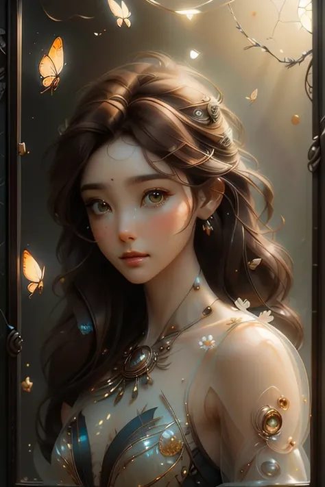 Portrait of a beautiful cyborg with brown hair in 8k, Complex, elegant, Very detailed, Majestic, Digital photography, art：artgerm、Ruan Jia、greg rutkowski, surrealistic painting, Gold butterfly decoration, Broken glass, (masterpiece, Side light, Delicate an...