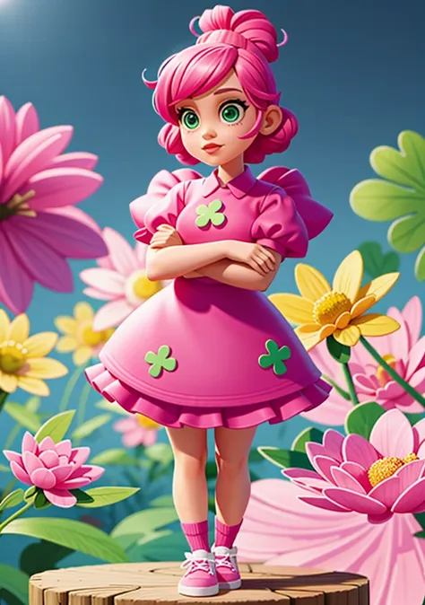 pink-themed girl with elements that resemble a four-leaf clover, but in pink clothes