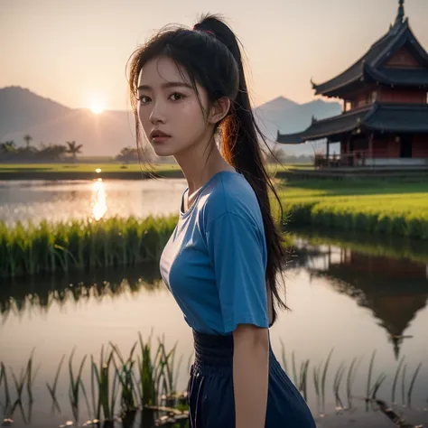 Head-on photo of Araffe woman wearing a blue T-shirt., Looking straight at you intently, ponytail, Long hair floats up, Long-haired woman with a round face, Red cheeksแดงอมชมพู, black eyes ตาสองชั้น, black eyes, Thai anime, (digital painting, HDR, high con...