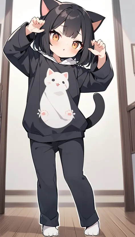 High quality, high quality, Japanese anime touch, one woman, sharp outline, long black hair, cat cosplay with cat ears,
Cute pose, facing this way,