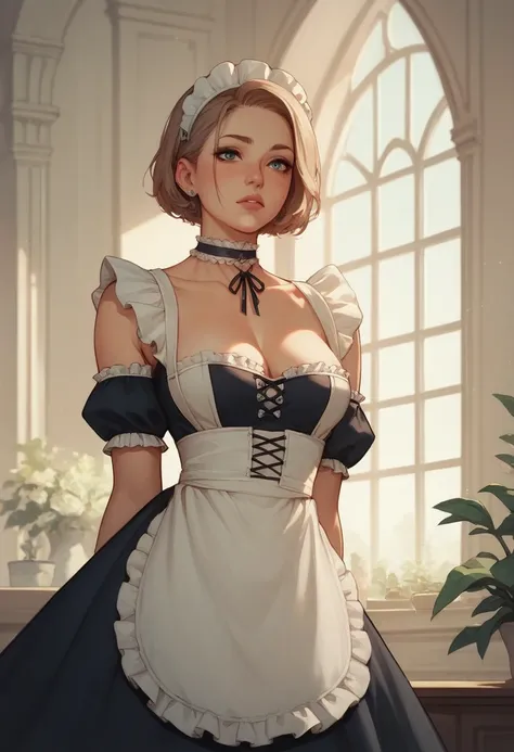 choker, Maid&#39;s Headdress, Black kimono, Wide sleeves, Frills, heart, White apron, Sleeves are longer than the wrist, skirt, red skirt, Brown footwear, Cross-laced shoes、Huge breasts、Upper Body、blush、Cleavage、Huge penis、Staring at my penis、Sweat、Surpris...