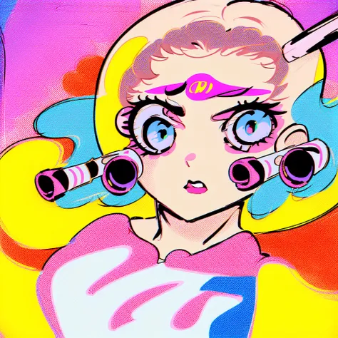 (masterpiece), Highest quality, One girl, Part your lips, Upper Body, bangs, Pastel background,((Dreams are cute)), Bodysuits,popart,Mixed Media,((Lichtenstein-style drawing)),(blue eyes,Wearing headphones)