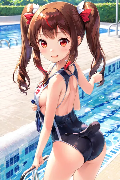 sukumizu,School Swimsuit,Brown twin tail hair,Red eyes,Medium chest,A light smile,Poolside、Pussy