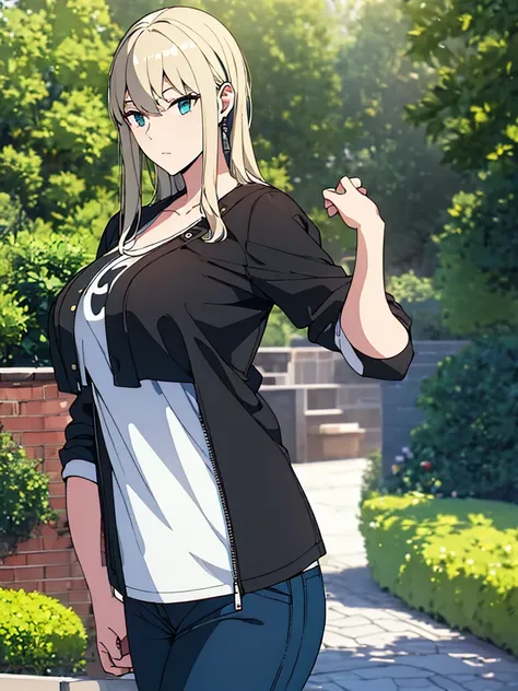 ((best quality)), ((masterpiece)), (detailed), ( Yor forger ) , big breasts , wearing black leather jacket over white printed t-shirt and blue jeans , in garden , looking at camera 