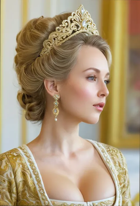 Side view , looking at viewer, Russian girl, 40 age old, (Blond hair, middle hair ,  wince, Gray eyes, beautiful lip,  serious),  gold crescent earrings, gold neckless, (big breasts, slender whist, wide hip, real public hair) ,(Rococo 18the century dress) ...