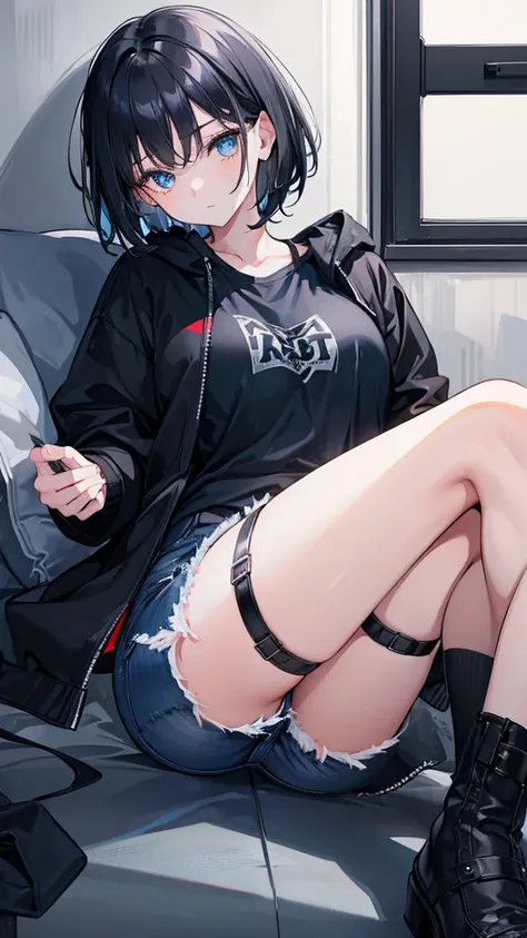 1girl, short black hair, blue eyes, wearing black jacket opened seeing , denim shorts, room, absurdres, high res, ultrasharp, 8K, masterpiece, looking at viewer