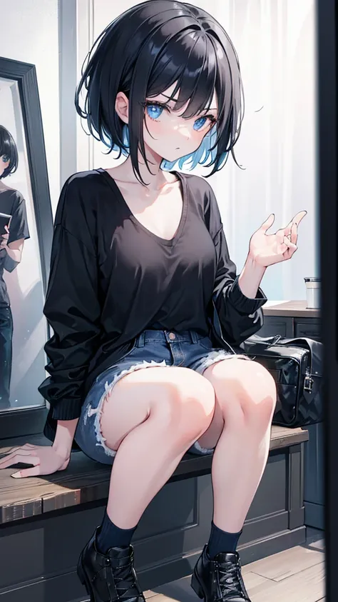 1girl, short black hair, blue eyes, wearing black jacket opened seeing , denim shorts, room, absurdres, high res, ultrasharp, 8K, masterpiece, looking at viewer