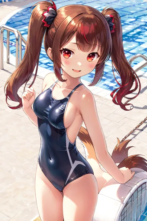 sukumizu,School Swimsuit,Brown twin tail hair,Red eyes,Medium chest,A light smile,Poolside、Pussy、naked