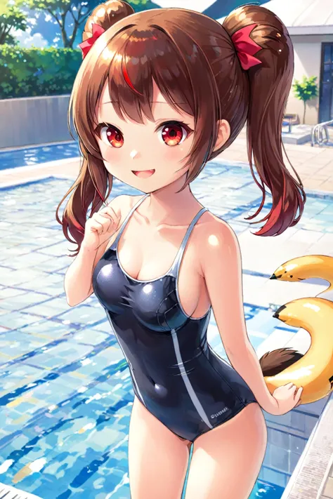 sukumizu,School Swimsuit,Brown twin tail hair,Red eyes,Medium chest,A light smile,Poolside、Pussy、naked