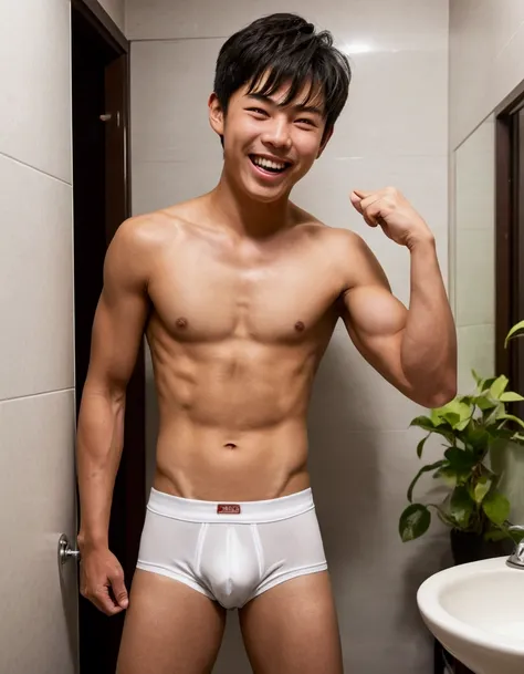 13 years old、Japanese men、Pretty short sporty short black hair、Short but well-trained muscles、In the small bathroom at night、Showing a pair of thin white boxer briefs with a rather tight and elaborate design.、A happy smile with a wide open mouth、Short heig...