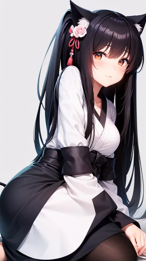 High quality, high quality, Japanese anime touch, one woman, sharp outline, long black hair, cat cosplay with cat ears,
Cute pose, facing this way,