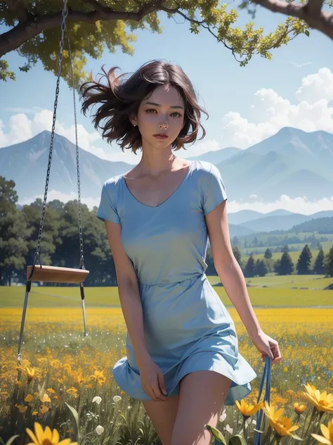 1girl, storm clouds and mountain, (flower field:1.4) in the foreground, pale blue vinyl short summer dress and loose cotton deep v-neck blouse, light tracing, (rule of thirds composition) (floating colorful wind:1) (photorealistic:1.4), official art, unity...