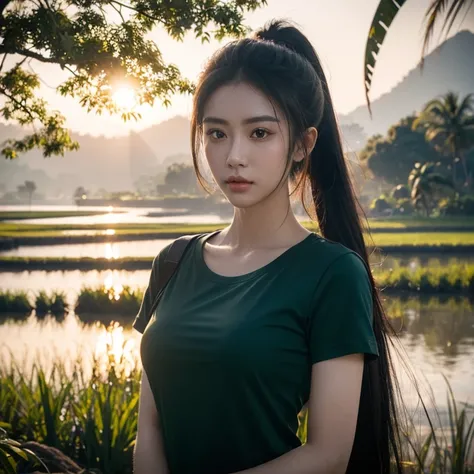 Head-on photo of Araffe woman wearing a dark green T-shirt., Looking straight at you intently, ponytail, Long hair floats up, Long-haired woman with a round face, Red cheeksแดงอมชมพู, black eyes ตาสองชั้น, black eyes, Thai anime, Has a large chest size of ...