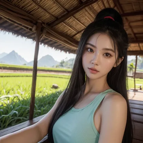 Head-on photo of Araffe woman wearing a dark green T-shirt., Looking straight at you intently, ponytail, Long hair floats up, Long-haired woman with a round face, Red cheeksแดงอมชมพู, black eyes ตาสองชั้น, black eyes, Thai anime, Has a large chest size of ...