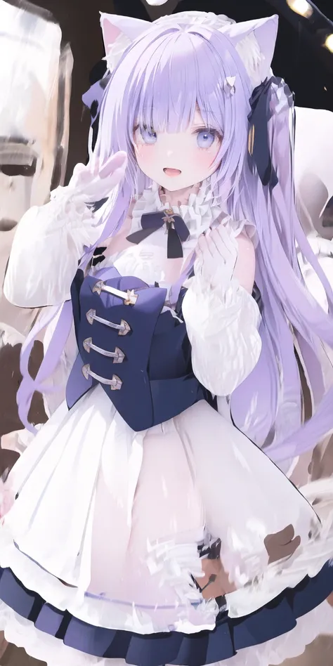 charming ,Long hair,Purple Hair，Close one eye，Smile，open mouth，Artifact Marker，A charming look,charming gesture，Sing，Big blue eyes,White Lolita,Pleated Skirt,Cat ears,Cat&#39;Tail,Beautiful gloves,Hair accessories,bow tie，Leg ring，White boots，whole body,st...