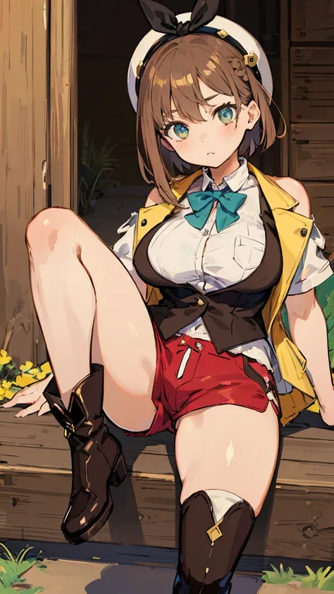 (Highest quality, 8K, masterpiece :1.3),Lizaリン・シュタウト(Lizaのアトリエ),Liza, One woman,Large Breasts,short hair,Brown Hair,hair band,Clothing,hat,White shirt,Yellow and white vest,Red shorts,Brown long boots,Full Nelson,Leg spread,nsfw,Thick body