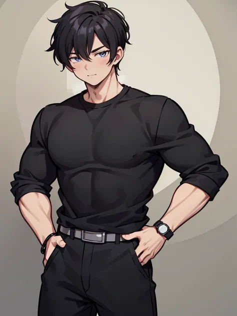 1 man, (((handsome))), cool, black hair, wear a black t-shirt, short sleeve, wear a watch, belt, black pant, hands on hip,standing, smile, friendly, muscular body