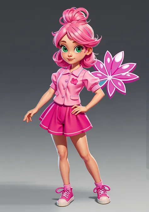 girl with a pink theme with elements that resemble a four-leaf clover, but with pink clothes, short clothes with a bra and.  panties
