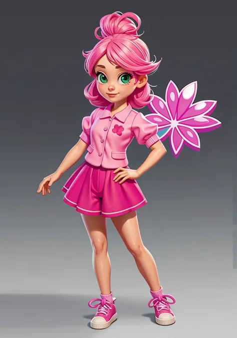 girl with a pink theme with elements that resemble a four-leaf clover, but with pink clothes, short clothes with a bra and.  pan...