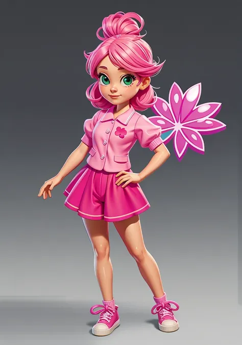 girl with a pink theme with elements that resemble a four-leaf clover, but with pink clothes, short clothes with a bra and.  pan...