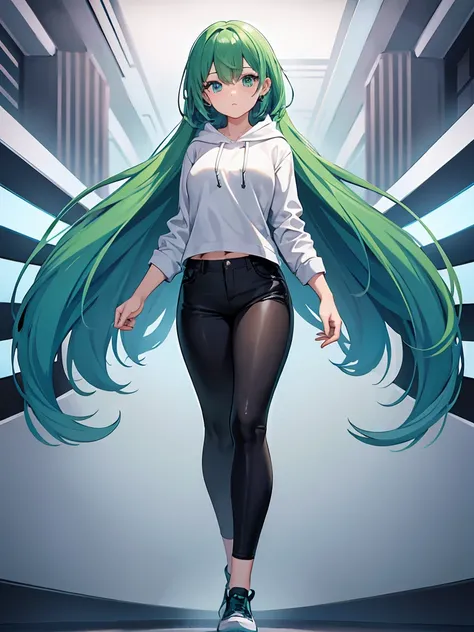 masterpiece,high quality,(full body 1.2),animated standing portrait, black half pants and white hoodie,(green hair 1.4),anime gi...