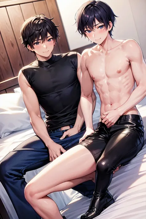 masterpiece, Highest quality, beautiful boy anime face, sweet, 19 old a boy, gay anime hentai, tall boy, no underwear, bedroom alone, sexy pose, blushing and smile face, shirtless body, short hair, black eyes, leather shorts, want sex, prostitute boy, full...