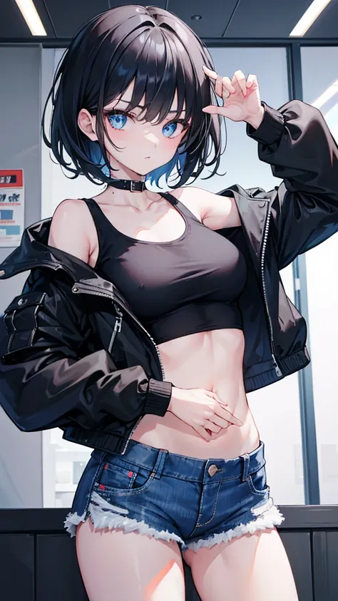 1girl, short black hair, blue eyes, wearing black jacket opened seeing , denim shorts, room, absurdres, high res, ultrasharp, 8K, masterpiece, looking at viewer