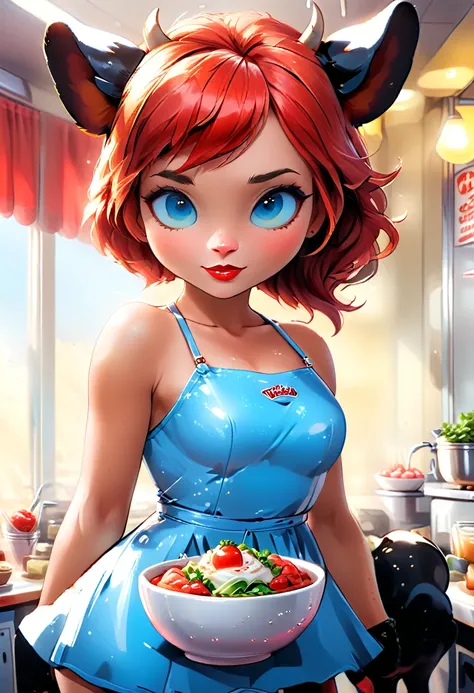 a 3D digital painting picture of extremely beautiful  (anthropomorphic cow:1.3) serving a big bowl of salad in American diner, an exquisite beautiful female (cow anthropomorphic:1.3), ultra feminine ultra detailed face, red hair, short hair, little fury, r...