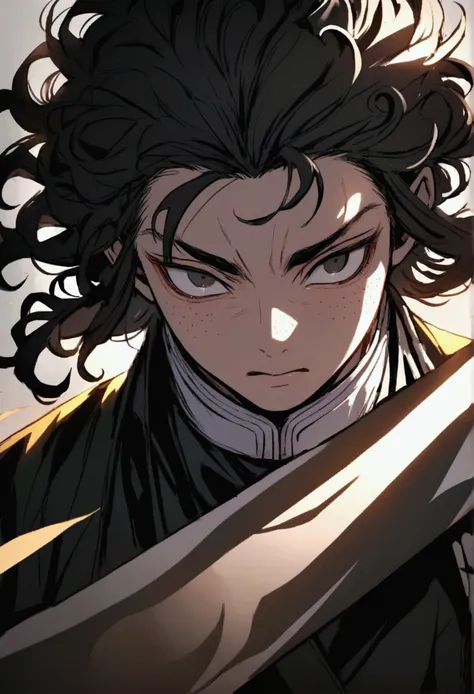 Demon slayer, male with curly black hair and black eyes with freckles