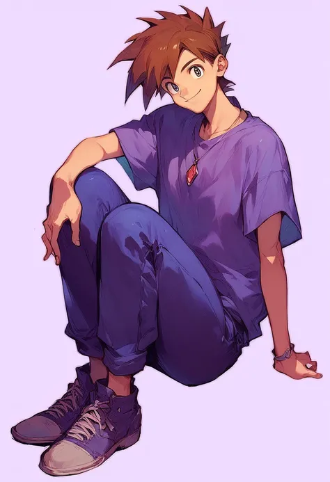 Score_9, Score_8_Up, Score_7_Up, Score_6_Up, Source_Anime, Gary Oak, Kanto Outfit, Pants, Purple Shirt, Looking at Viewer, Full Body, Pendant,smile