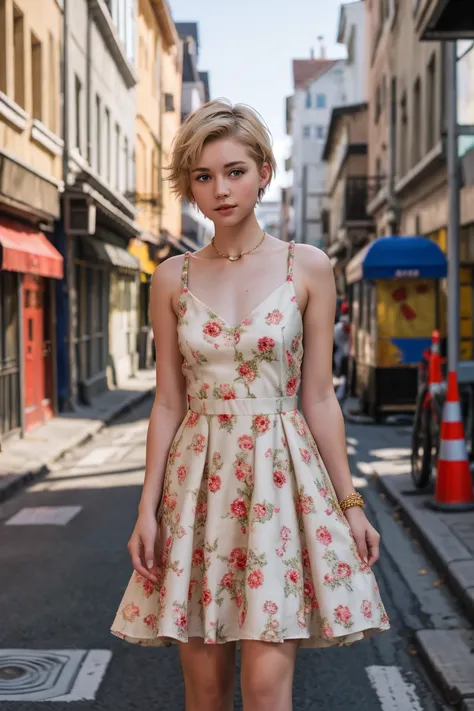 8k, raw picture, photograph, beautiful short hair female ,dress , street 