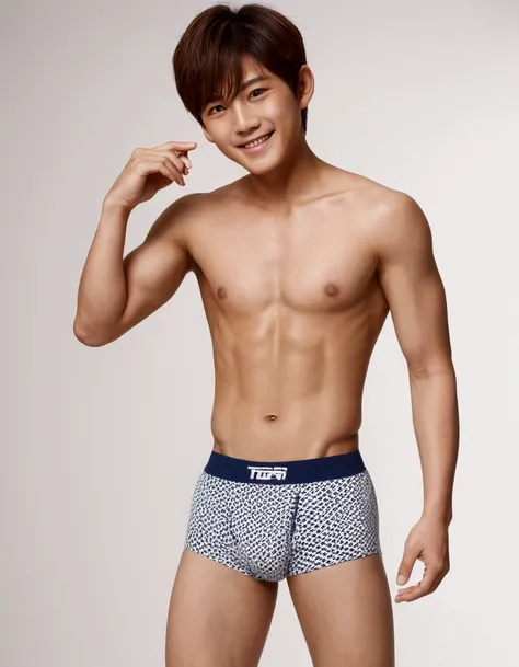 Japanese men、13 years old、Short but well-trained muscles and smooth skin、Sporty short hair、A friendly, healthy smile、A pose that gives a childish impression、Underwear made of thin fabric such as thongs、Bathroom