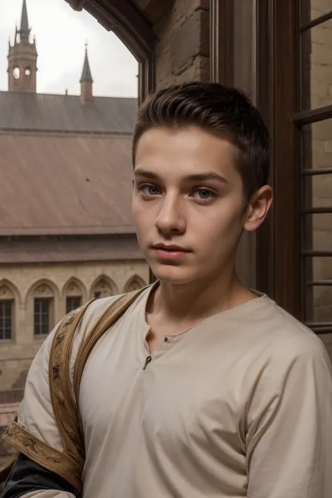 A cute young male twink with a make-up face and black hair, wearing medieval combat clothing, appears from a palace window.