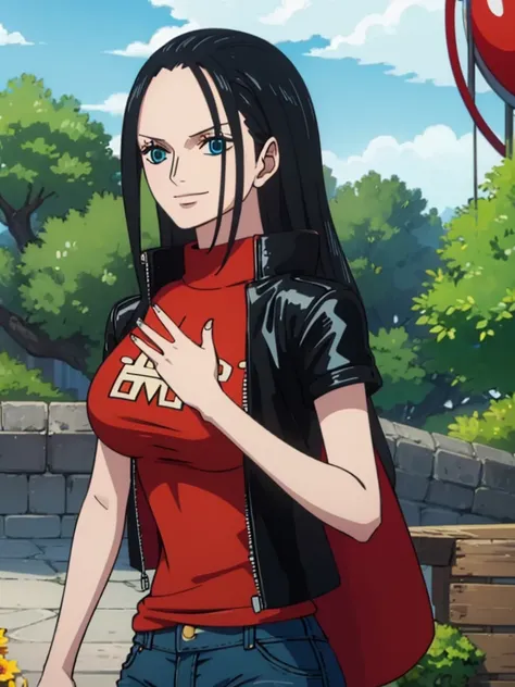 ((best quality)), ((masterpiece)), (detailed), ( nico robin ) , big breasts , wearing black leather jacket over red printed t-sh...