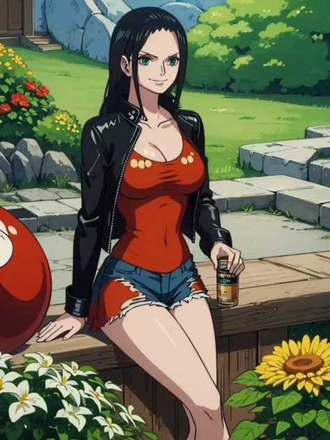 ((best quality)), ((masterpiece)), (detailed), ( nico robin ) , big breasts , wearing black leather jacket over red printed t-shirt and blue jeans , in garden , looking at camera  and smiling 