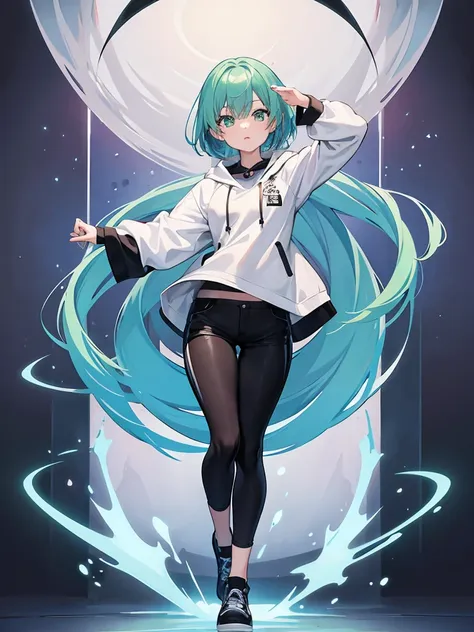 masterpiece,high quality,(full body 1.2),animated standing portrait, black half pants and white hoodie,(green hair 1.4),anime gi...