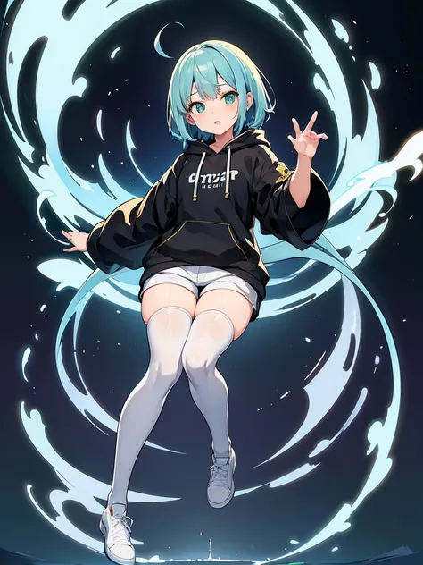 masterpiece,high quality,(full body 1.2),animated standing portrait, black half pants and white hoodie,(green hair 1.4),anime gi...