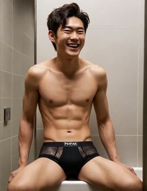 Japanese men、A slender but well-trained man with a young body、Anatomically correct male body、Sit with your legs wide open、He is laughing happily and fearlessly.、Quite a relaxed attitude、The whole body is visible、The tight, flashy design and cool sheer fabr...