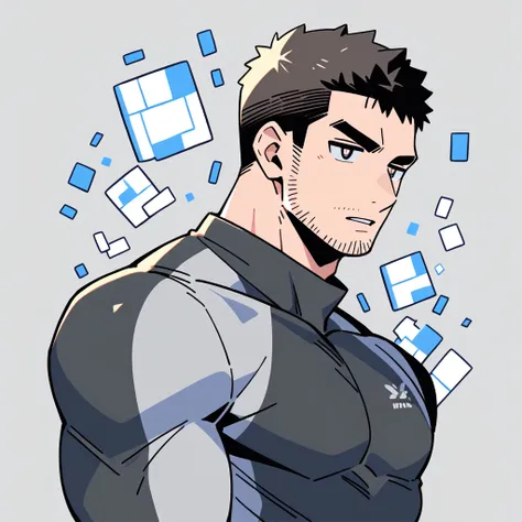 anime characters：Chris Redfield, Muscle Sports Student, Buzz Cut, Manliness, male focus, Dark black high collar long sleeve tight T-shirt, Slightly transparent material, Very tight, Round, full and perky chest muscles, muscular male, muscular, only, Upper ...