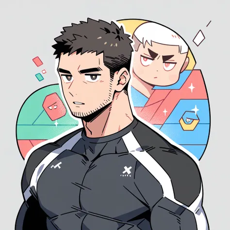 anime characters：Chris Redfield, Muscle Sports Student, Buzz Cut, Manliness, male focus, Dark black high collar long sleeve tight T-shirt, Slightly transparent material, Very tight, Round, full and perky chest muscles, muscular male, muscular, only, Upper ...