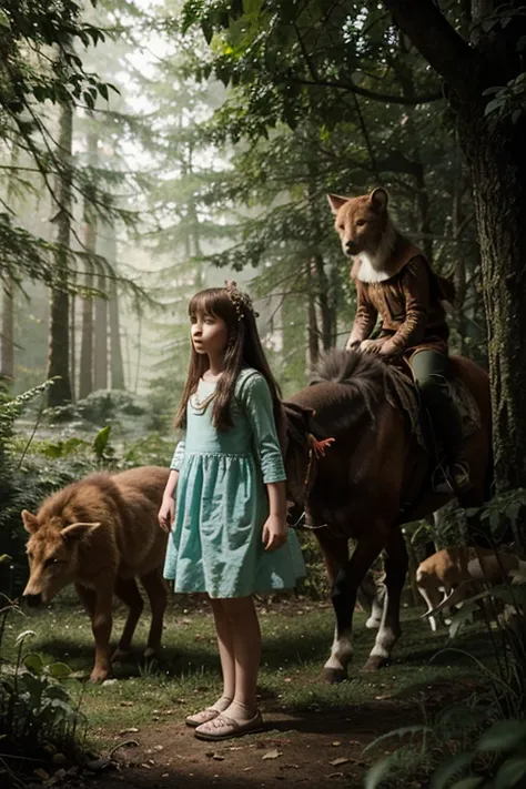 Illustration for a fairy tale about a girl standing in the forest ,who can speak ,with animals