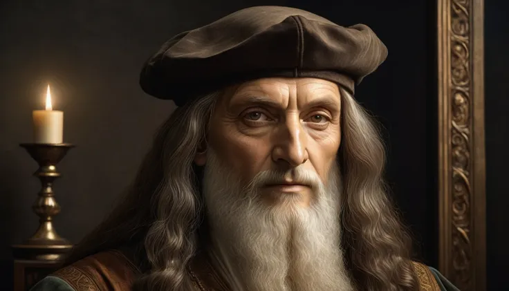 A detailed portrait of Leonardo da Vinci,extremely detailed face and eyes,intricate renaissance-style clothing,in a renaissance setting with tomes and paintings,elegant posture,chiaroscuro lighting,cinematic composition,muted color palette,masterpiece,phot...