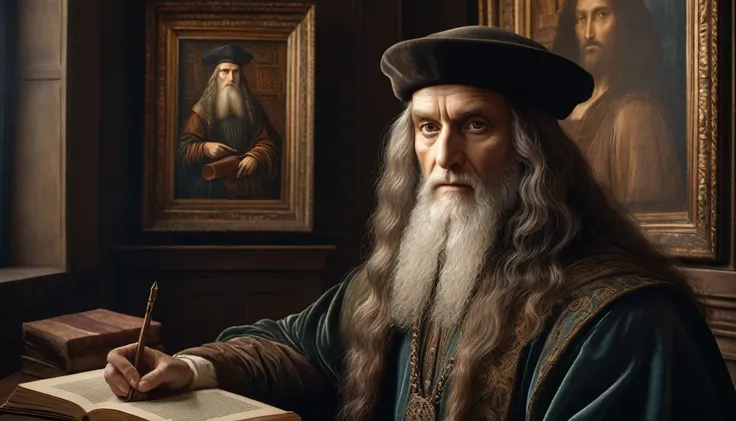 A detailed portrait of Leonardo da Vinci,extremely detailed face and eyes,intricate renaissance-style clothing,in a renaissance setting with tomes and paintings,elegant posture,chiaroscuro lighting,cinematic composition,muted color palette,masterpiece,phot...