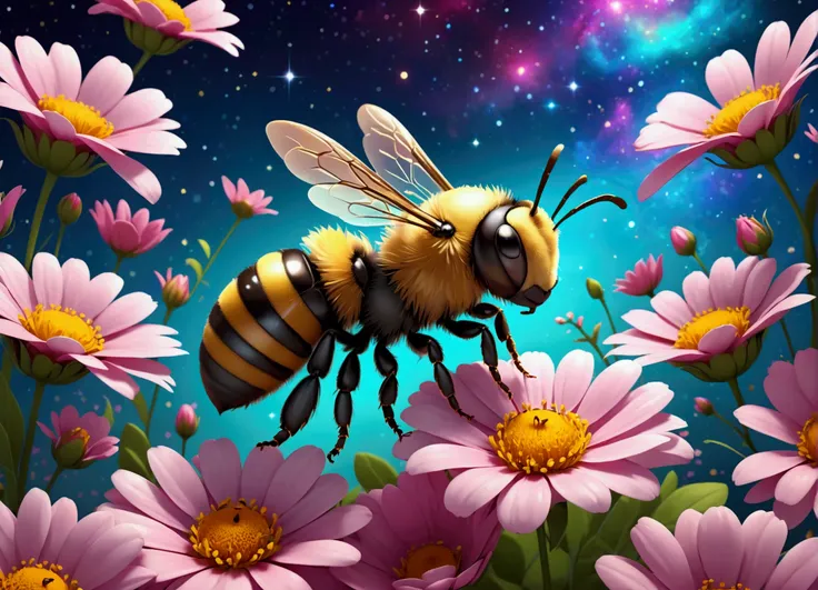 close up angle of, , ((),(3d cute tender bee) surrounded by flowers( ) , insect, detailed focus, , beautiful, , Flower cosmic background. Visually delightful , 3D,more detail XL