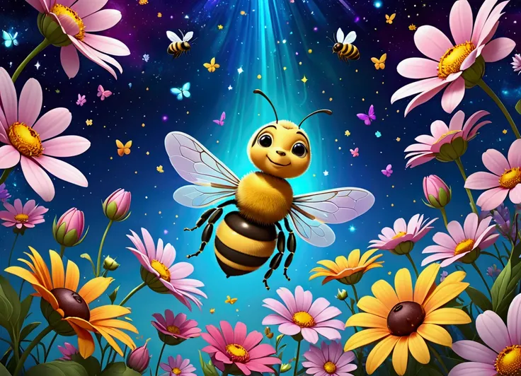 close up angle of, , ((),(3d cute tender bee) surrounded by flowers( ) , insect, detailed focus, , beautiful, , Flower cosmic background. Visually delightful , 3D,more detail XL