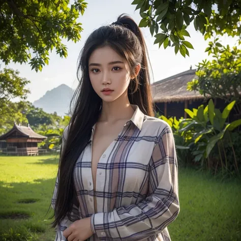 Frontal photo of Araffe woman, 25 30 years old, Wear a plaid shirtสีเข้ม, Wear a plaid shirt, Looking straight at you intently, ponytail, Long hair floats up, Long-haired woman with a round face, Red cheeksแดงอมชมพู, black eyes ตาสองชั้น, black eyes, Thai ...